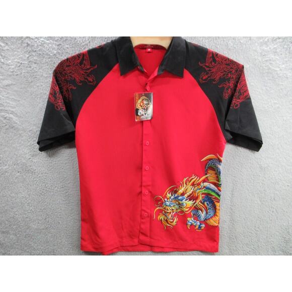 NWT Vintage Y2K JNCO Jeans Men's Medium Red Black Button Shirt w/ Dragon Designs